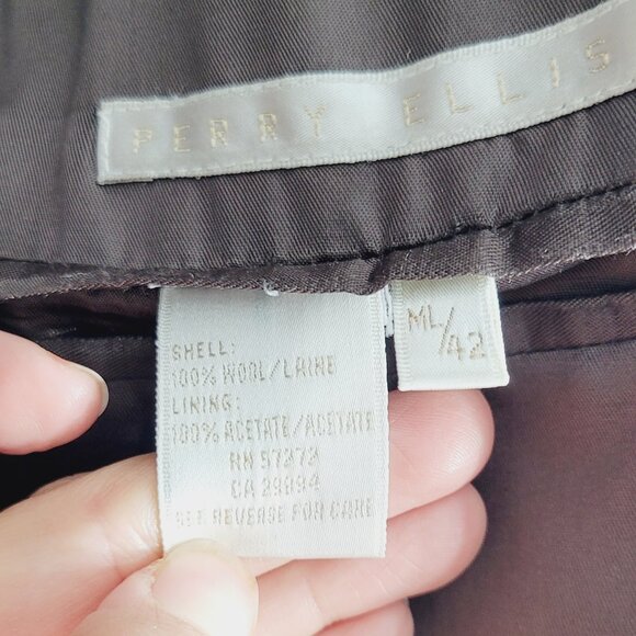 Perry Ellis Brown Grey Tweed 100% Wool Professor Business Casual Blazer Size 42 - Picture 9 of 14